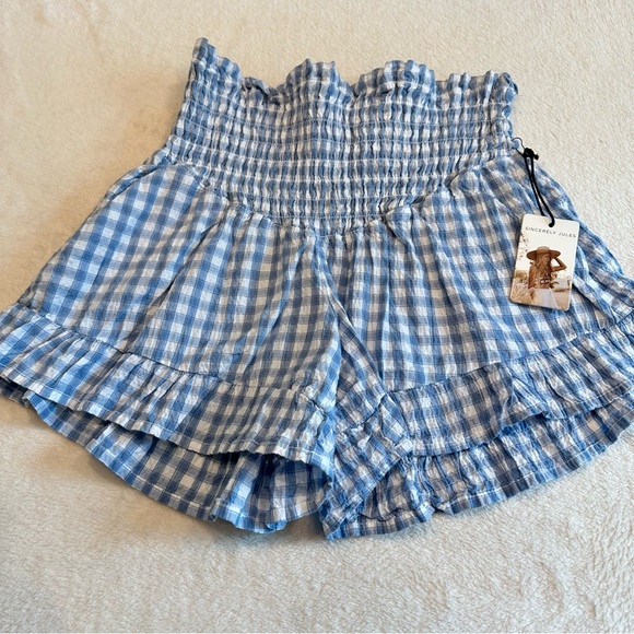 Sincerly Jules Pants - 🆕 Blue Gingham Smocked Ruffle Shorts